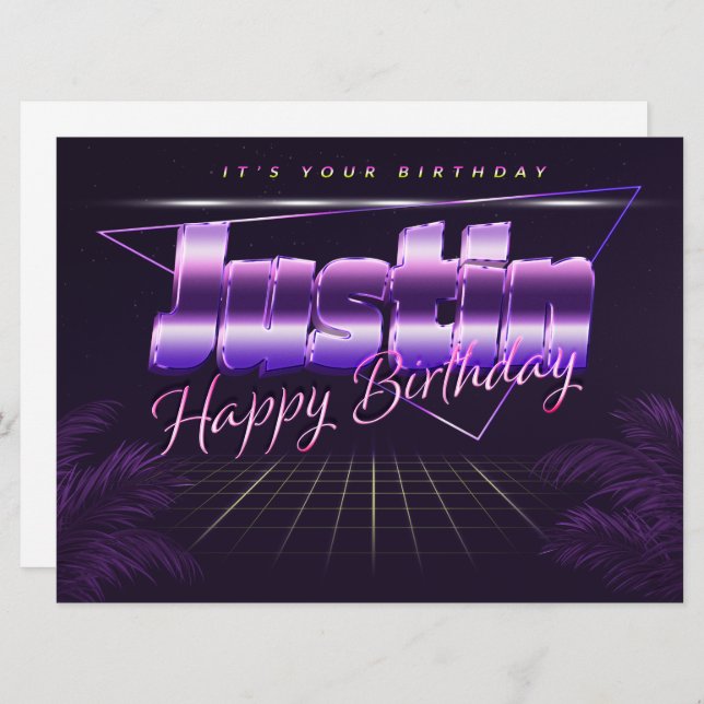 Justin prénom carte rétro lilas anniversaire (Devant / Derrière)