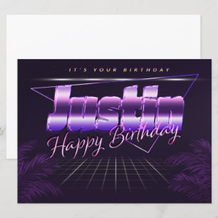Justin prénom carte rétro lilas anniversaire