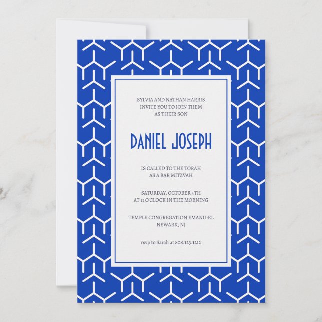 Jweish blue motif moderne Bar Mitzvah Invitation (Devant)