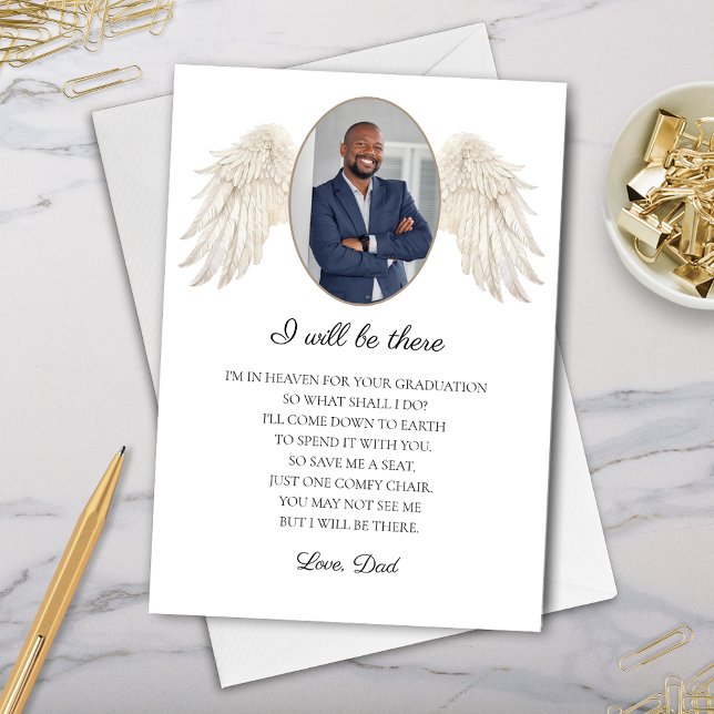 J'y serai le souvenir de papa pour la carte d'étud (Card with memorial poem from deceased dad to graduate with photo and angel wings keepsake)