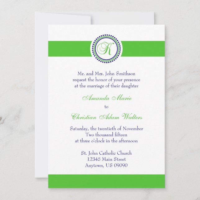 K Monogramme Dot Cercle Wedding Invitations (Lime) (Devant)