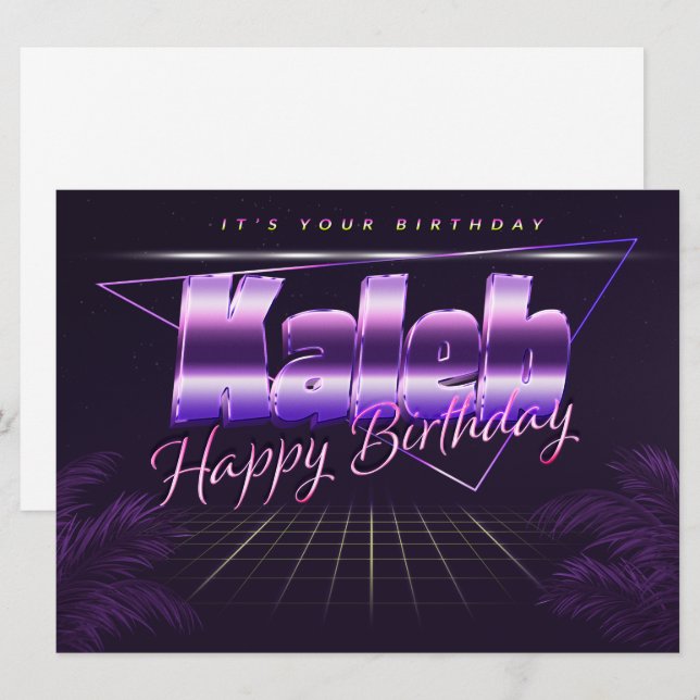 Kaleb prénom carte rétro lilas anniversaire (Devant / Derrière)