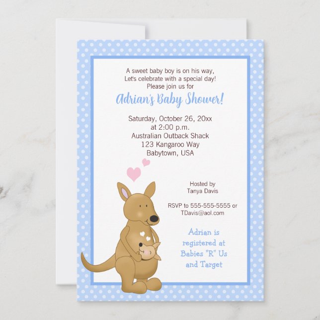 Kangaroo garçon Baby shower Invitation Bleu (Devant)