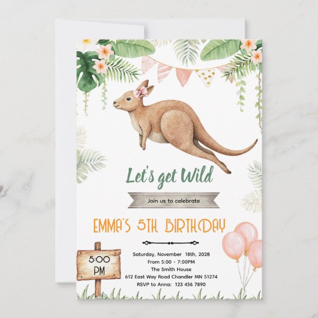 Kangaroo girl birthday invitation (Devant)