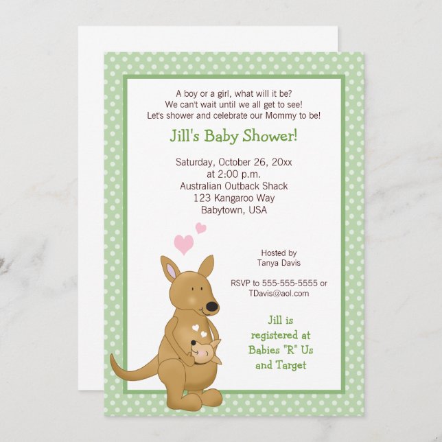 Kangaroo Neutre Baby shower Invitation Vert (Devant / Derrière)