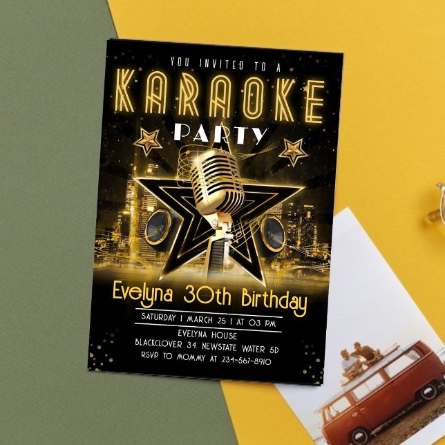 Karaoke Gold Night Anniversaire Fête Invitation (Karaoke Birthday Invitation)
