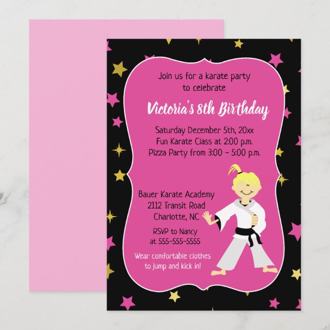 Karate Anniversaire Invitation Girl Ceinture noire (Devant / Derrière)