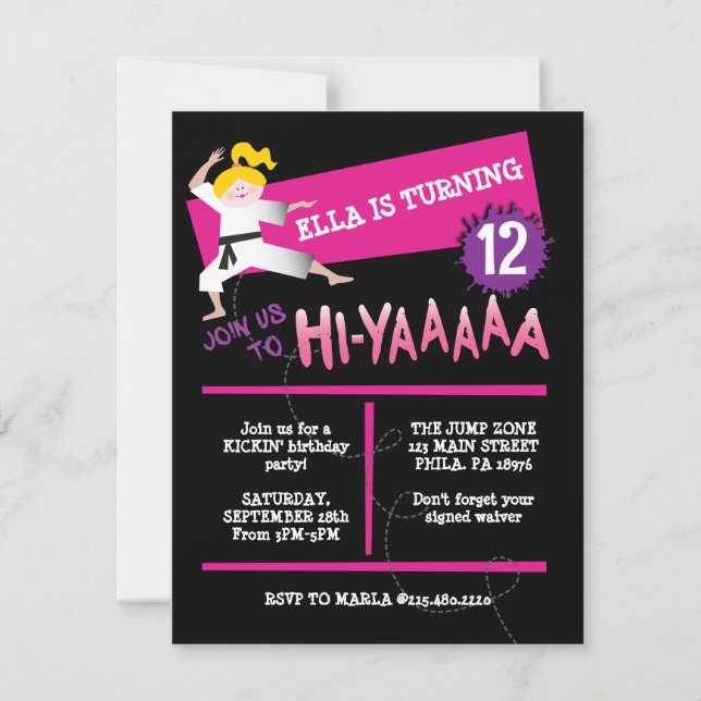 Karate Girl Kick Pink Anniversaire Invitation (Devant)