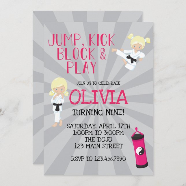Karate Girl Pink Martial Arts Invitation Anniversa (Devant / Derrière)