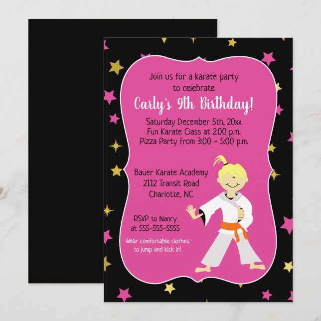 Karate Invitations Anniversaire Orange Belt Girl (Devant / Derrière)