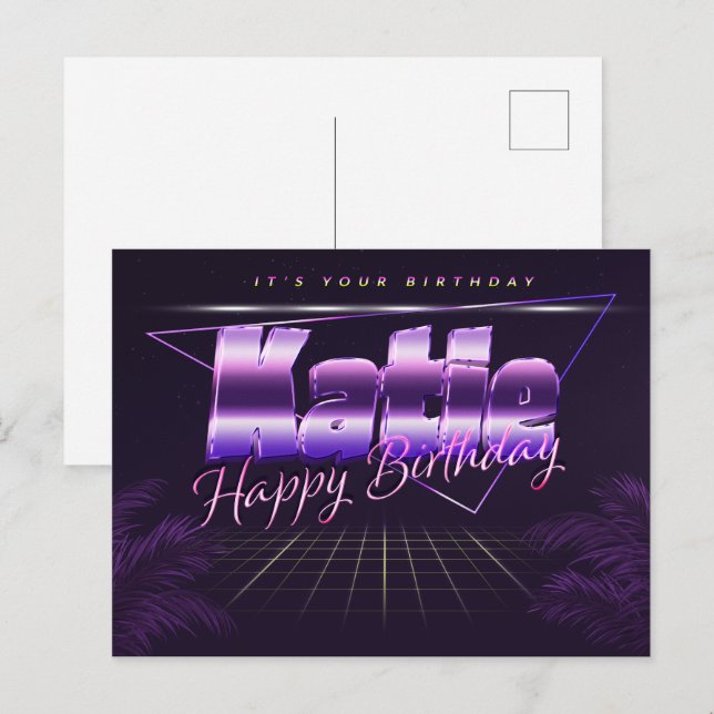 Katie prénom carte postale violette anniversaire (Devant / Derrière)