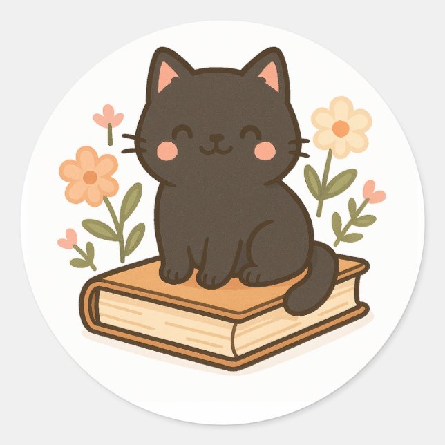 Kawaii Black Cat on Book – Cozy Sticker (Devant)