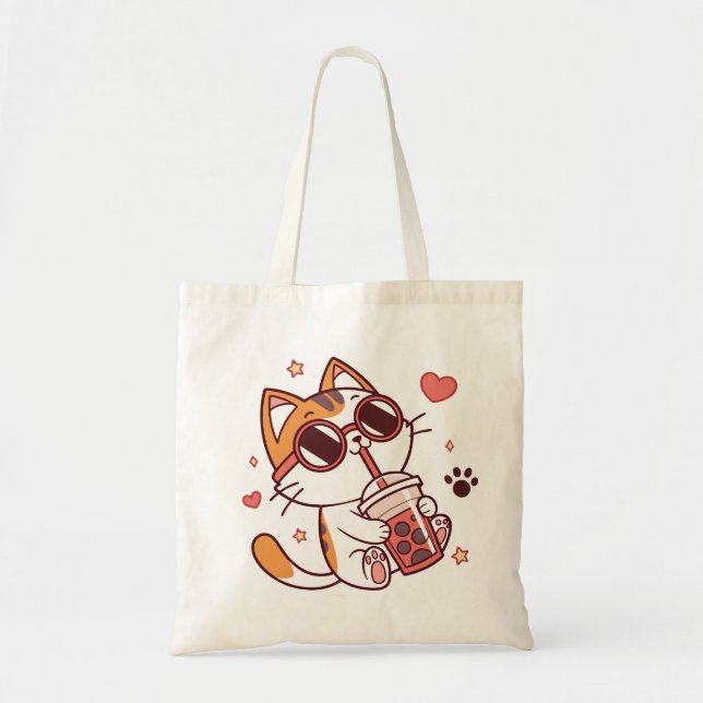 Kawaii Chat avec Boba Tea Sac fourre-tout - Coeurs (Devant)