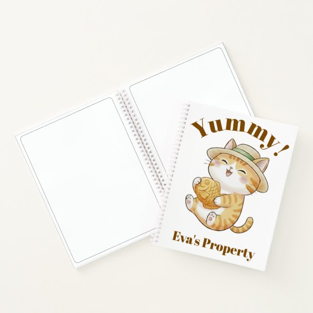 Kawaii Chat Roux avec Cahier en Spirale Poisson Ta (Intérieur)