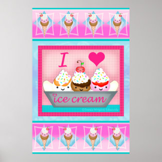 Kawaii Crème de glace Sundae Love Poster d'art / I