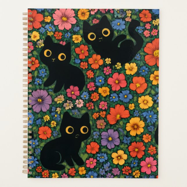 Kawaii Garden Art | Cute Black Cat Floral Pattern (Devant)