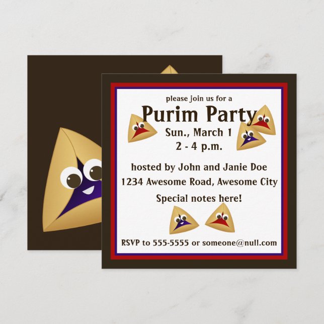 Kawaii Hamentashen Purim Invitation (Devant / Derrière)