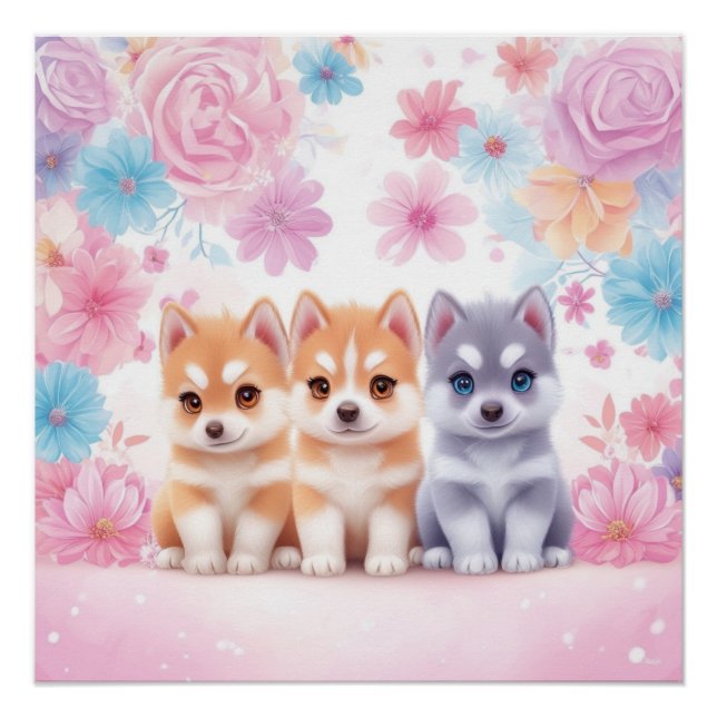 Kawaii Husky Pair Wall Art & Poster (Devant)