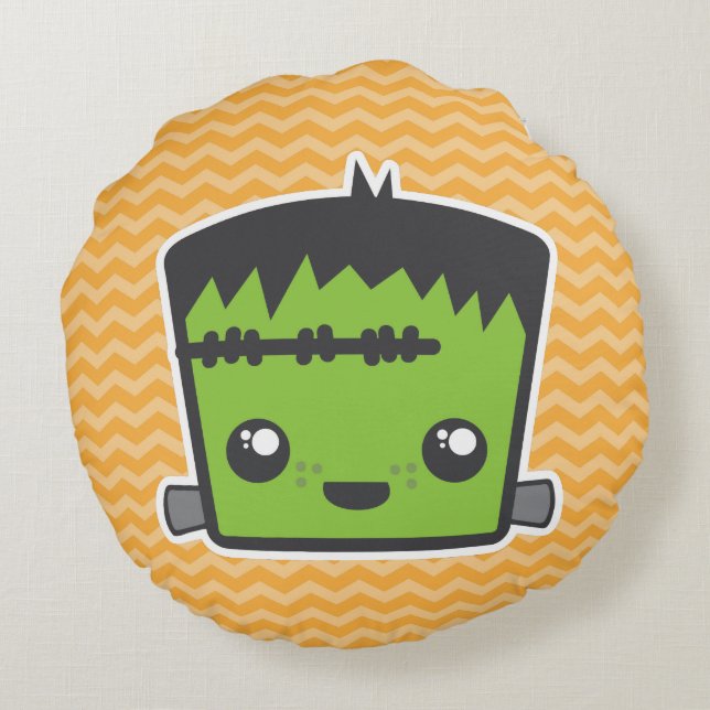 Kawaii Jack-o'-lantern Citrouille Coussin rond (Dos)