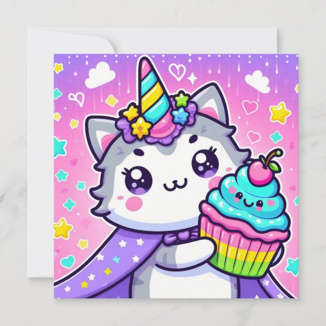 Kawaii Kitty avec cupcake Carte d'anniversaire (Devant)