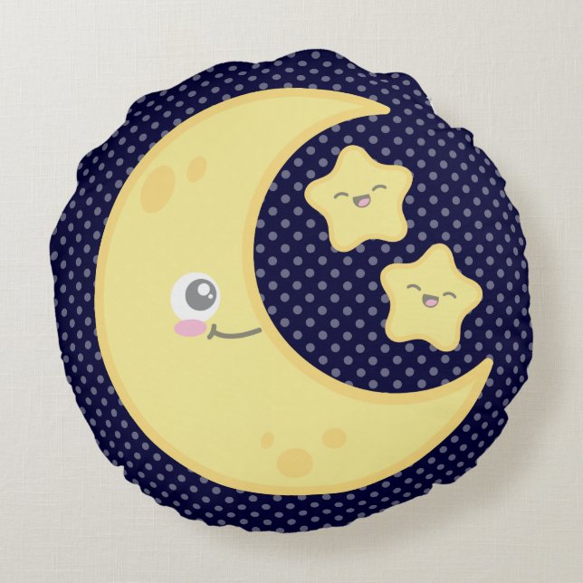 Kawaii Moon et les étoiles Coussin rond (Dos)