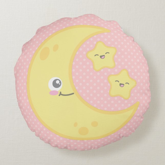 Kawaii Moon et les étoiles Coussin rond (Dos)