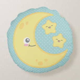 Kawaii Moon et les étoiles Coussin rond