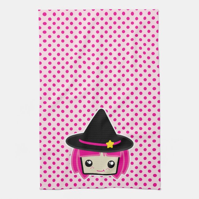 Kawaii rose Haired Witch serviette de cuisine (Vertical)