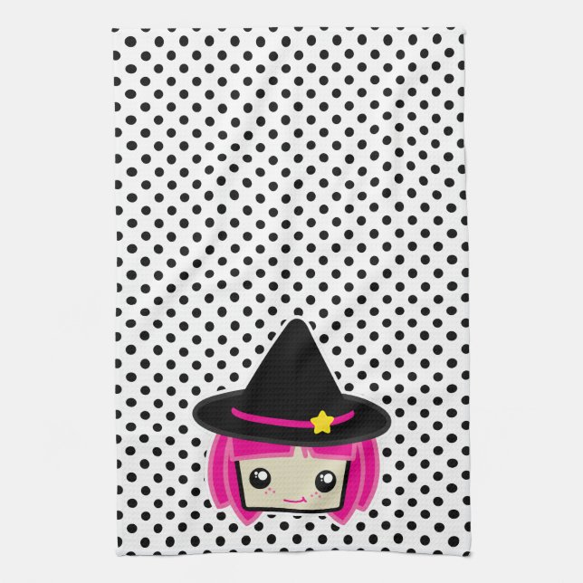 Kawaii rose Haired Witch serviette de cuisine (Vertical)