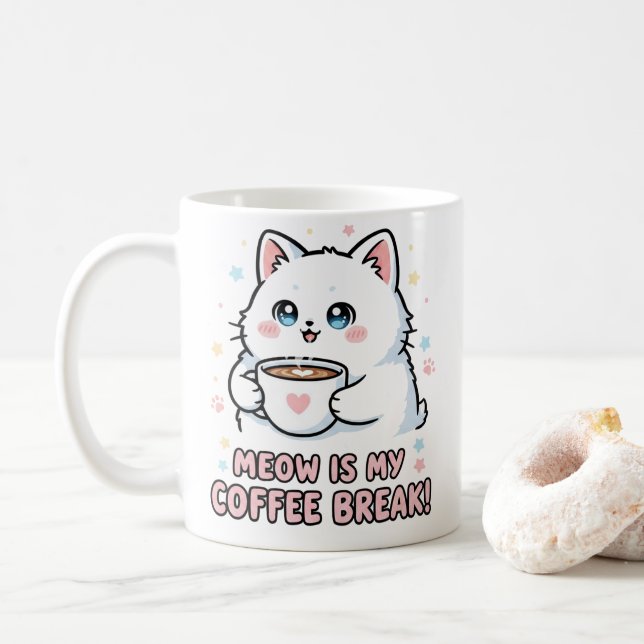Kawaii White Cat Coffee Mug (Avec donut)