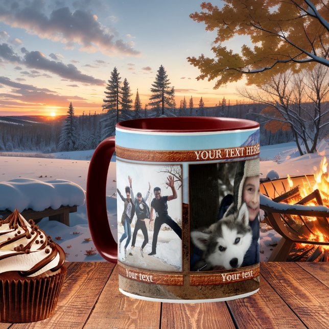 Keepsaké 3 Photos Hiver Mountain Mug personnalisé (Personalized photo mug featuring 3 of your own favorite photos on a mountain image background)