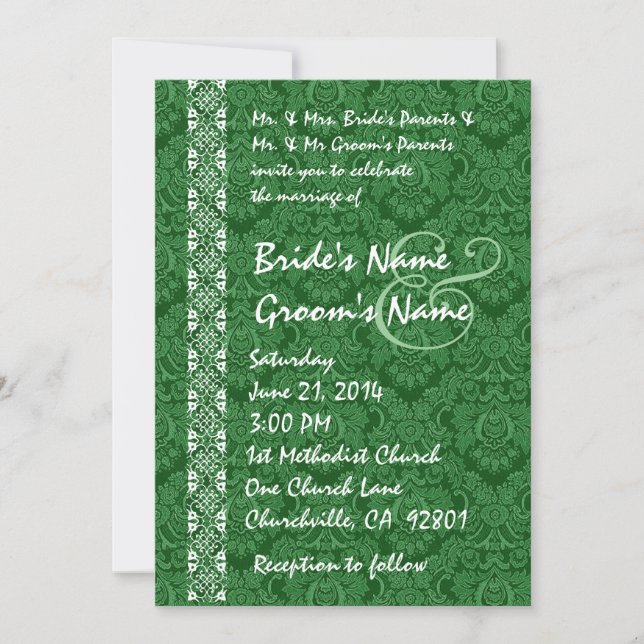 Kelly Green Damask Invitations au mariage de dente (Devant)