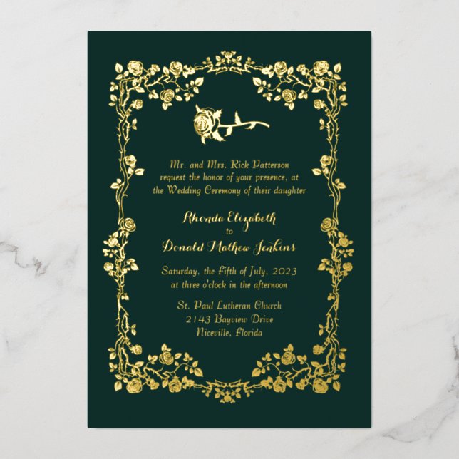 Kelly Green Ornate Rose Frontière Foil Invitation (Recto)