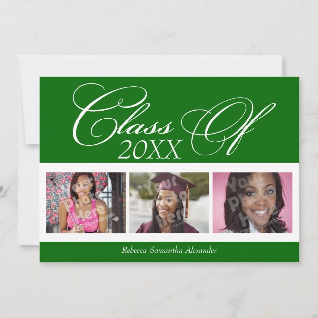 Kelly Green/White 3 Faire-part de diplôme photo (Devant)