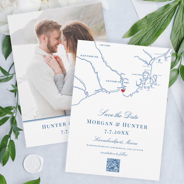 Kennebunkport Maine Carte Élégante Code QR Mariage (Kennebunkport Destination Save the Dates with QR code and photo back for a Maine Coastal Wedding)