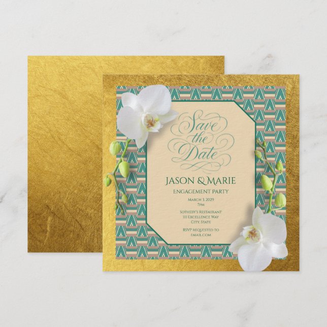 Kente Save the Date Invitation Teal & Gold (Devant / Derrière)