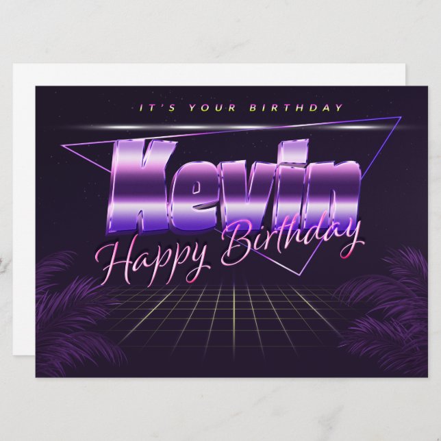Kevin prénom carte rétro lilas anniversaire (Devant / Derrière)