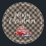 Khaki Plaid Christmas Retours Adresse Étiquettes<br><div class="desc">Créez de magnifiques étiquettes d'adresse de retour de Noël avec un camion rouge classique sur un motif de plaid de bison kaki. Personnalisez facilement ces kaki à damiers étiquettes de Noël avec votre nom et adresse de famille.</div>