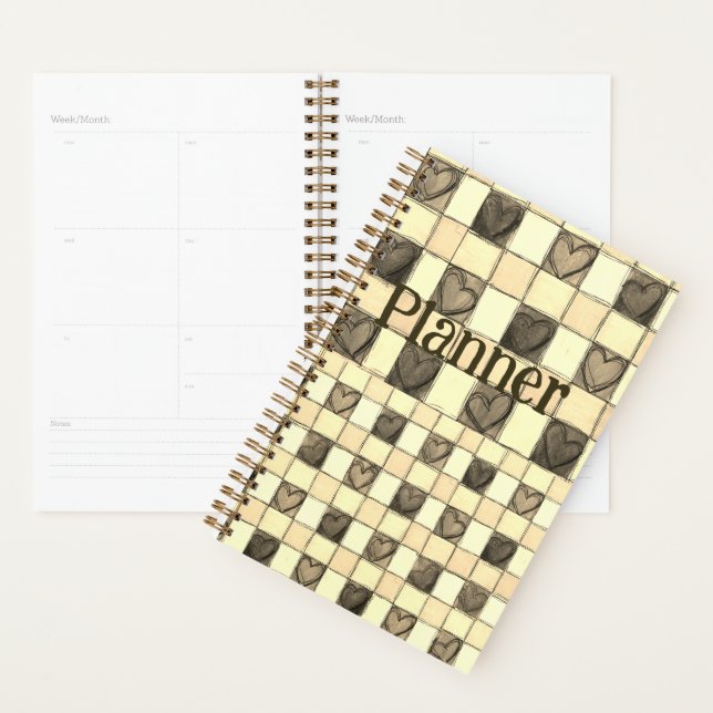 Khaki tan & crème en vichy coeur Planner (Devant avec enveloppe)