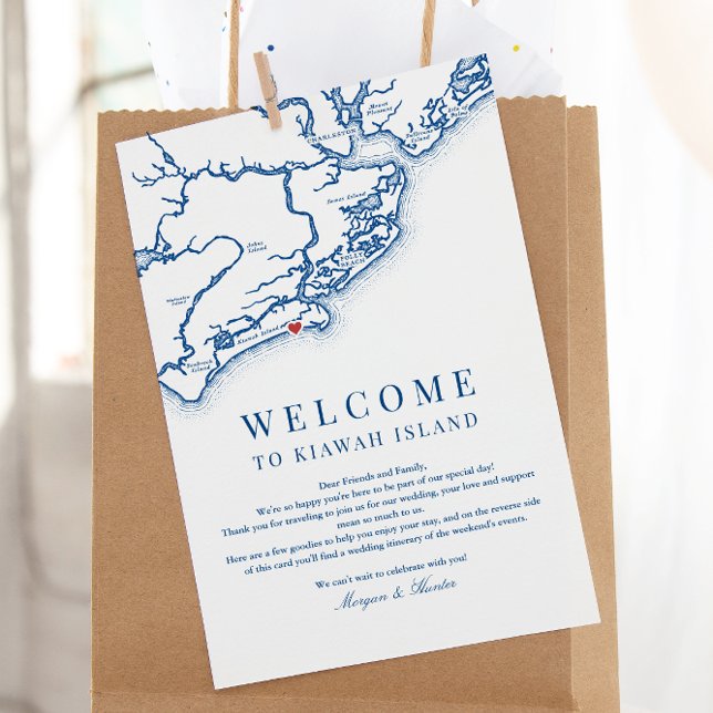 Kiawah Island Mariage Programme de Bienvenue Bleu  (Kiawah Island SC Map Weekend Events Itinerary Schedule Welcome Letter in elegant navy blue)