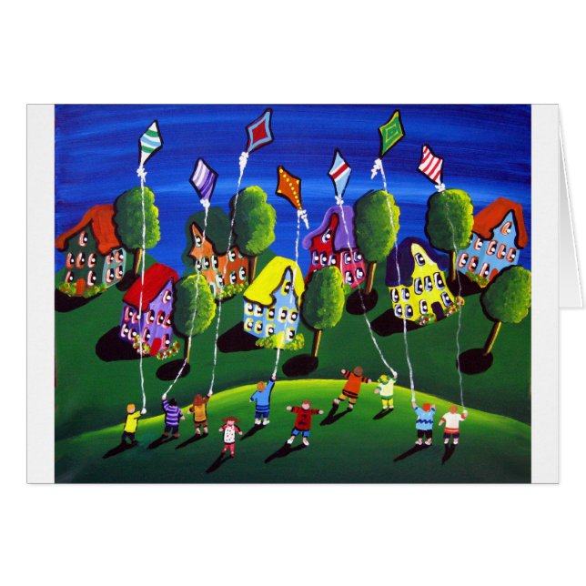 Kids Flying Kites Folk Art (Devant horizontal)