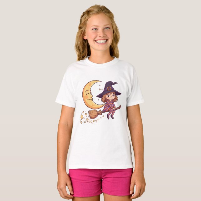 Kids Halloween Little Witch Moon T-Shirt (Devant entier)