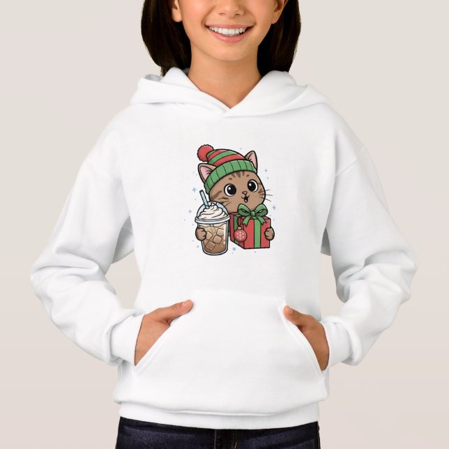 Kids' Kawaii Christmas Cat & Iced Latte Pullover (Devant)