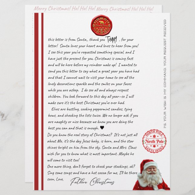 Kid's North Pole Comfirmation Letter From Santa (Devant / Derrière)
