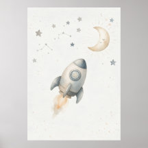 Kids Room Wall Art- Large Watercolor Rocket Poster