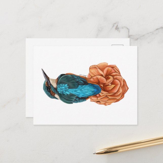 Kingfisher sur carte postale à fleurs (Devant/Arrière en situation)