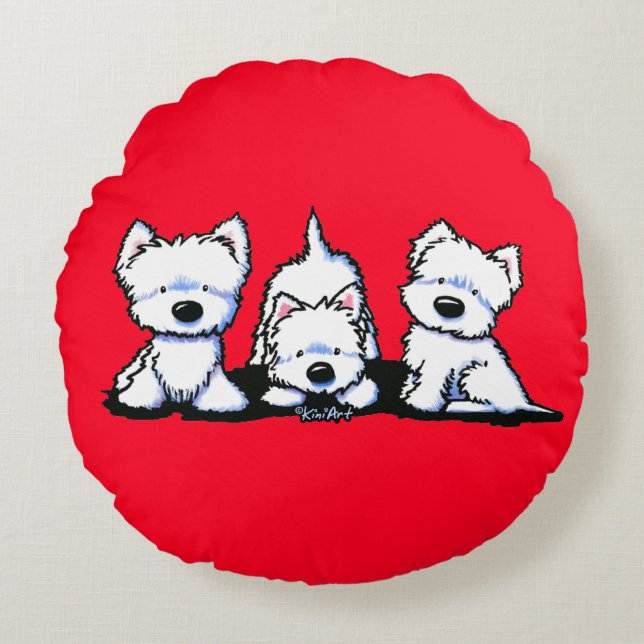 KiniArt Westie Trio Coussin Rond (Devant)