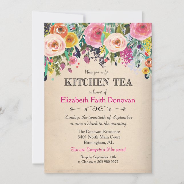 Kitchen Tea Floral Aquarelle Invitation (Devant)