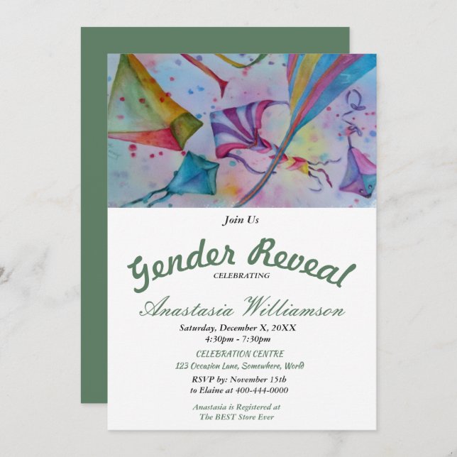 KITE FLYING BABY GENDER REVEAL PARTY INVITATION (Devant / Derrière)