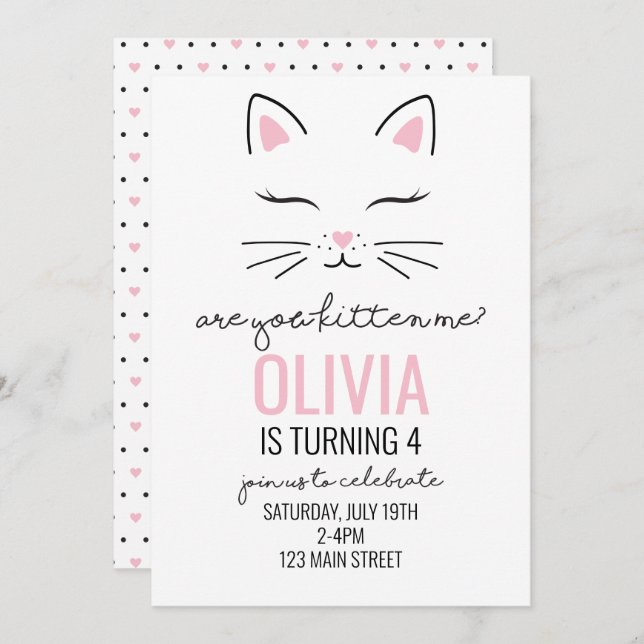 Kitten Anniversaire Invitation avec coeur rose kit (Devant / Derrière)